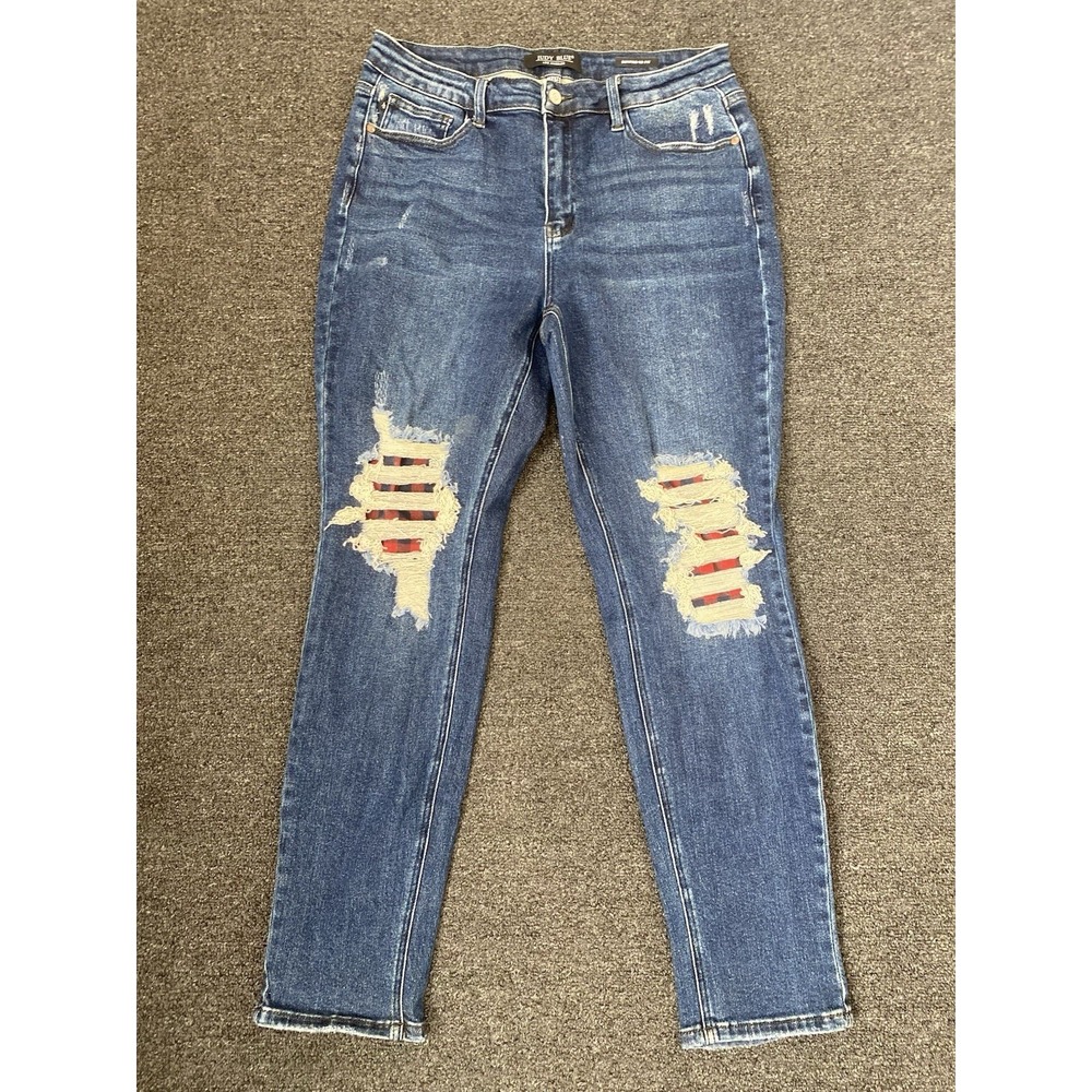 Judy Blue Boyfriend Fit Blue Jeans Womens Size 15x32 Distressed Buffalo Plaid